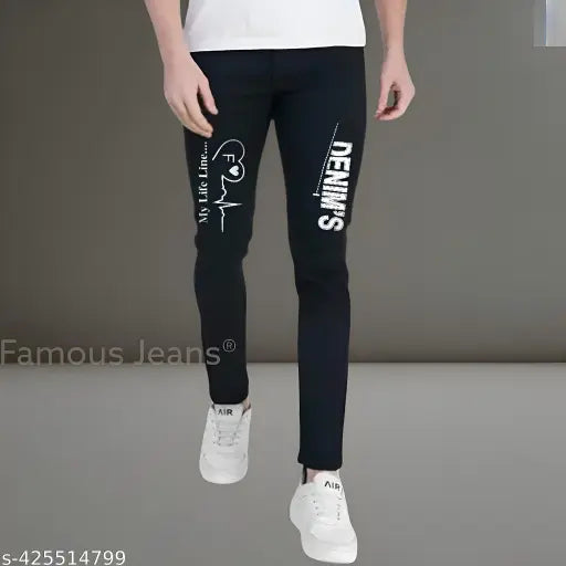 Black slim-fit jeans with a white graphic on the left thigh