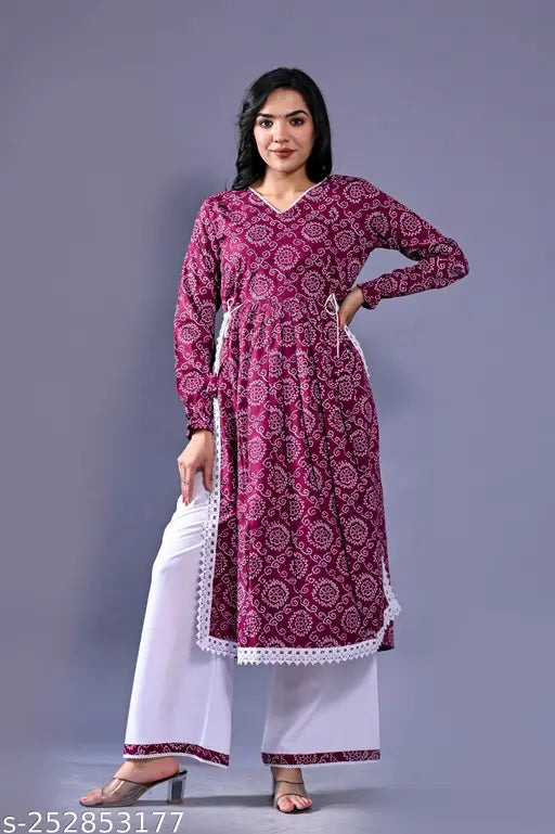 Rayon naira cut kurta and palazzo set with long sleeves, printed bandhani design for couples, India origin