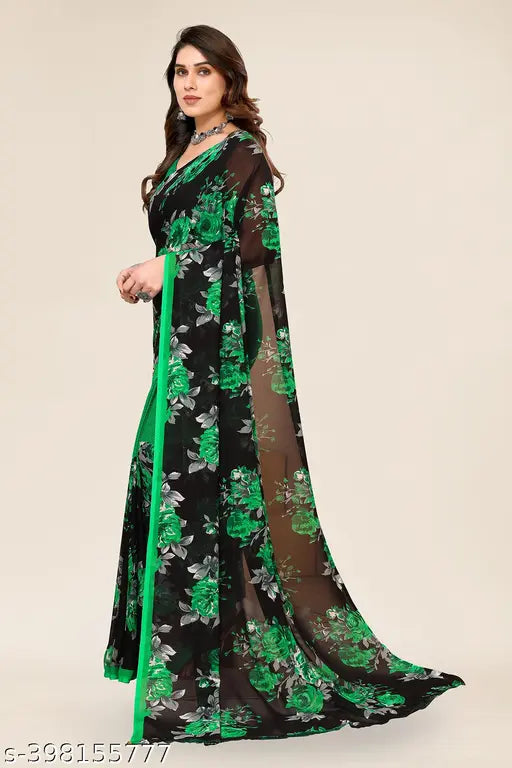 Green and black georgette saree with blouse piece