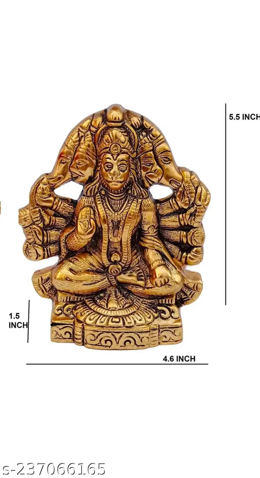 Golden-finished Panchmukhi Hanuman Idol, metal, 10.5x3x12.5 cm. Traditional Indian decorative art for home or temple worship