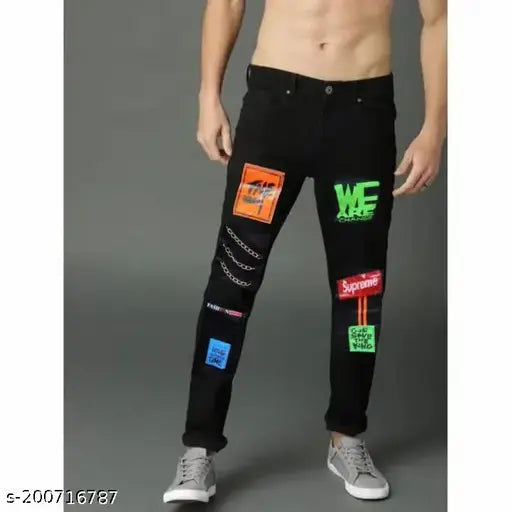 Men's cotton funky jeans from Agrawal Trader, featuring a placement print design. Available in sizes 26, 28, and 30 inches. Made in India