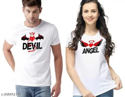 White polycotton t-shirt for men and women with printed devil & angel design, short sleeves on display