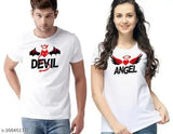 White polycotton t-shirt for men and women with printed devil & angel design, short sleeves on display