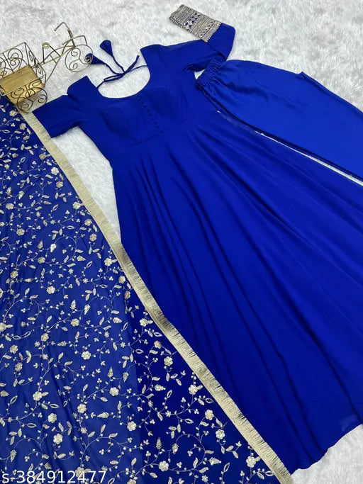 Georgette anarkali gown duppata full set with pent, embroidered net, short sleeves. Indian ready-to-wear fashion, size S-XXL