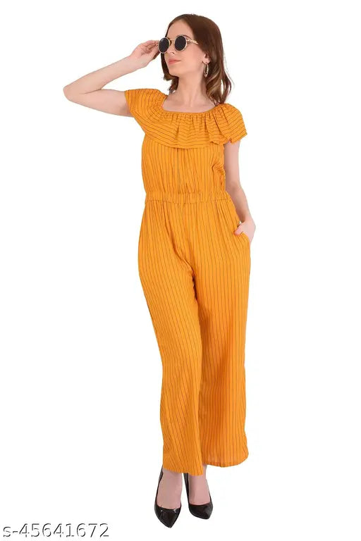 Striped rayon short-sleeve women's jumpsuit, elegant design with elasticated shoulder frill and waistband, available in sizes S-XXL (origin: India)