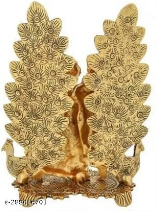Metal Radha Krishna playing flute and peacock idol set, size L-B-H-12x8x13, for home, temple, office or gifting, symbolizing luck, happiness, and prosperity