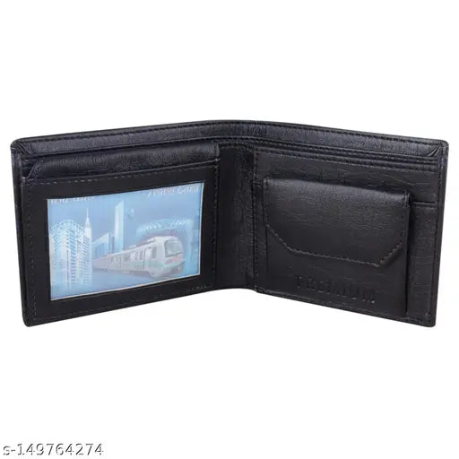 Black PU textured wallet for men, durable cloth lining, 2 compartments, 5 card slots, coin pocket, currency compartment - made in India