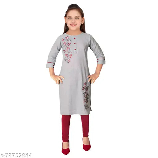 Girls grey cotton blend embroidered net kurti for 4-16 years, India origin