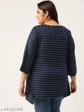 Navy blue & white striped viscose rayon V-Neck top, plus size with three-quarter sleeves, India