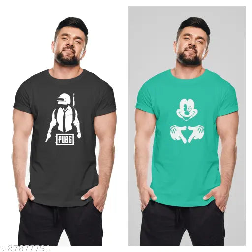 TEF Mens Pubg Black & OxfordBlue Combo Half Round Neck Tees Pack of 2 - Printed cotton jersey tees in classic color combo, perfect for casual wear