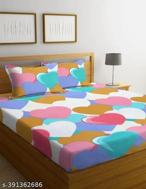 Glace cotton, superfine fitted double bed sheet with 2 pillow covers, romantic design for summer use, adult-sized, made in India