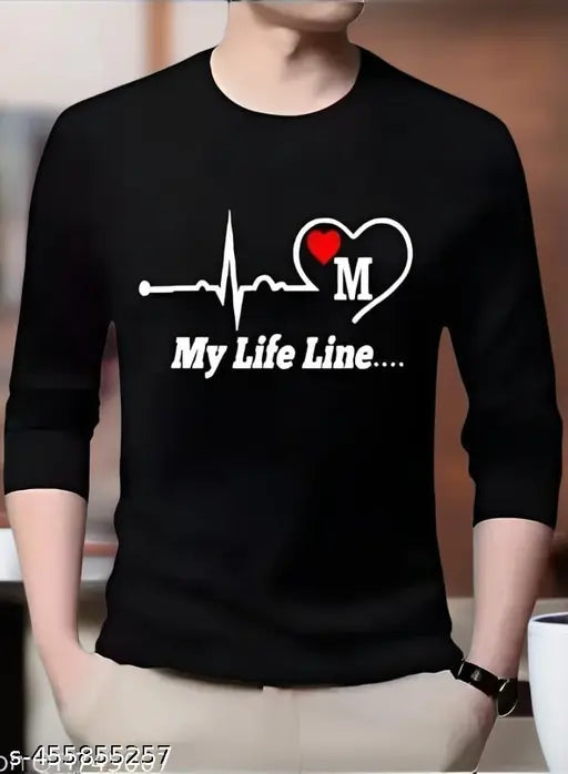 Black polyester full-sleeve t-shirt for men with life line print, trendy style and long sleeves