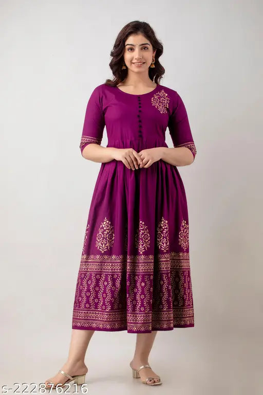 Gold-printed Rayon Anarkali Flared Kurta - M, L, XL, XXL - Indian evening wear