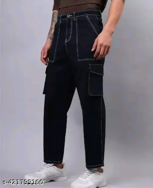 Black denim 6-pocket jeans for men, solid pattern, size 28x35 or 30x36 (India origin)