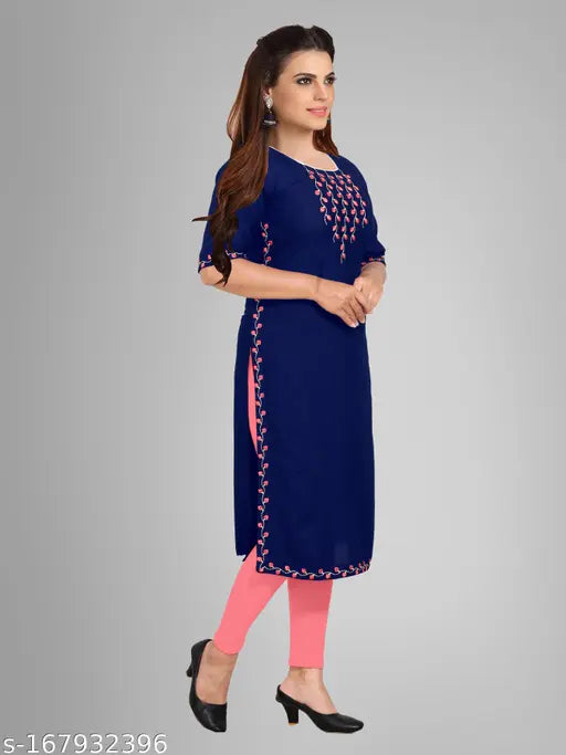 Navy blue embroidered rayon kurti, stylish ethnic wear for women and girls, short sleeves, party/festive attire