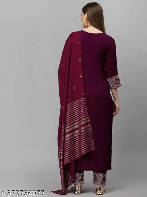 Keitra women embroidered straight kurta & pant set with dupatta, cotton silk & cotton blend, three-quarter sleeves, solid pattern, Indian ethnic wear