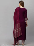 Keitra women embroidered straight kurta & pant set with dupatta, cotton silk & cotton blend, three-quarter sleeves, solid pattern, Indian ethnic wear