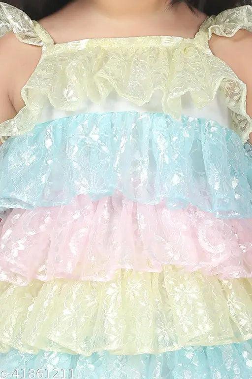 Multicolor party dress for kids, net fabric, self-design, 4-5 years