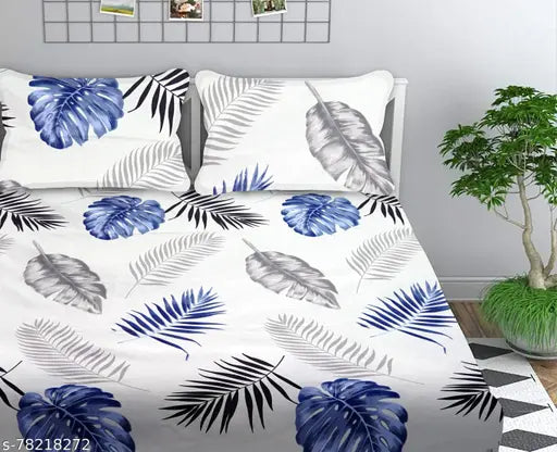 White, cotton, premium elastic fitted bedsheets set (Double) with 2 pillow covers, featuring a botanical print in shades of white, blue and grey. Ideal for summer use on a 78x7210 mattress