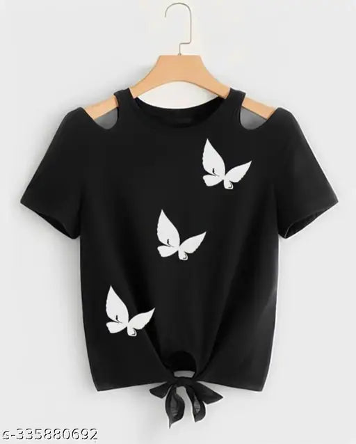 Black lycra crop top with three butterfly prints, short sleeves, suitable for women sizes S-XL