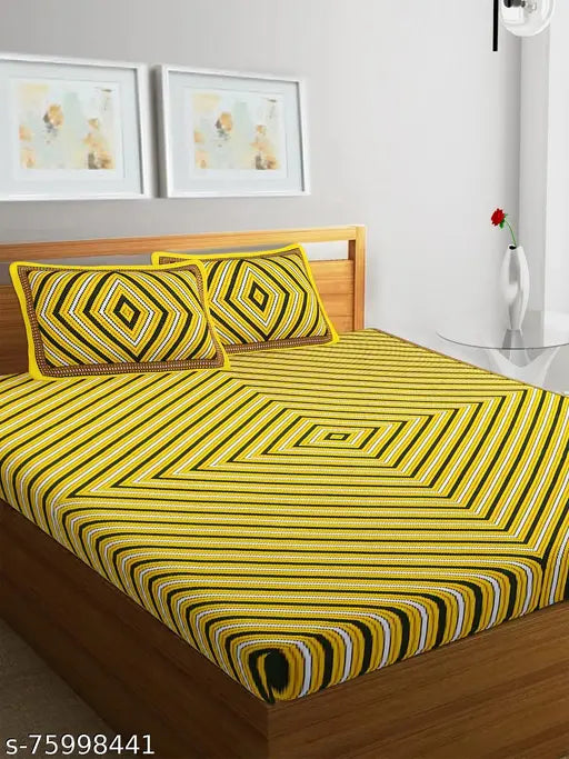 Yellow and black striped cotton bedsheet, standard fit