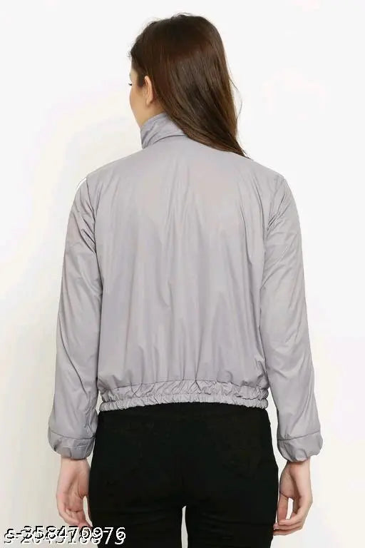 Grey striped polyester Barbour women's solid jacket, long sleeves on model