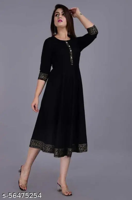 Black solid rayon anarkali kurti with printed border - women's fashion, three-quarter sleeves, India origin