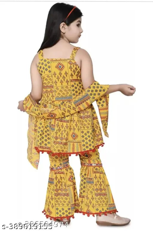 Yellow cotton blend Anarkali kurta pajama and dupatta sets for kids girls, vibrant printed party/festive wear with ease of movement for active play or casual outings