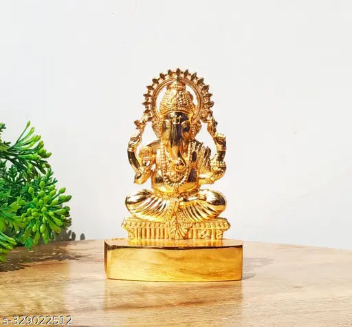 Small Ganesha statue, golden metal, car dashboard decoration, festive Diwali gift, idol murti figurine