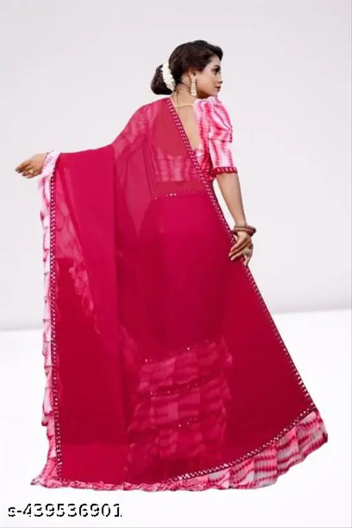 Red georgette saree with blouse piece, ruffled frills