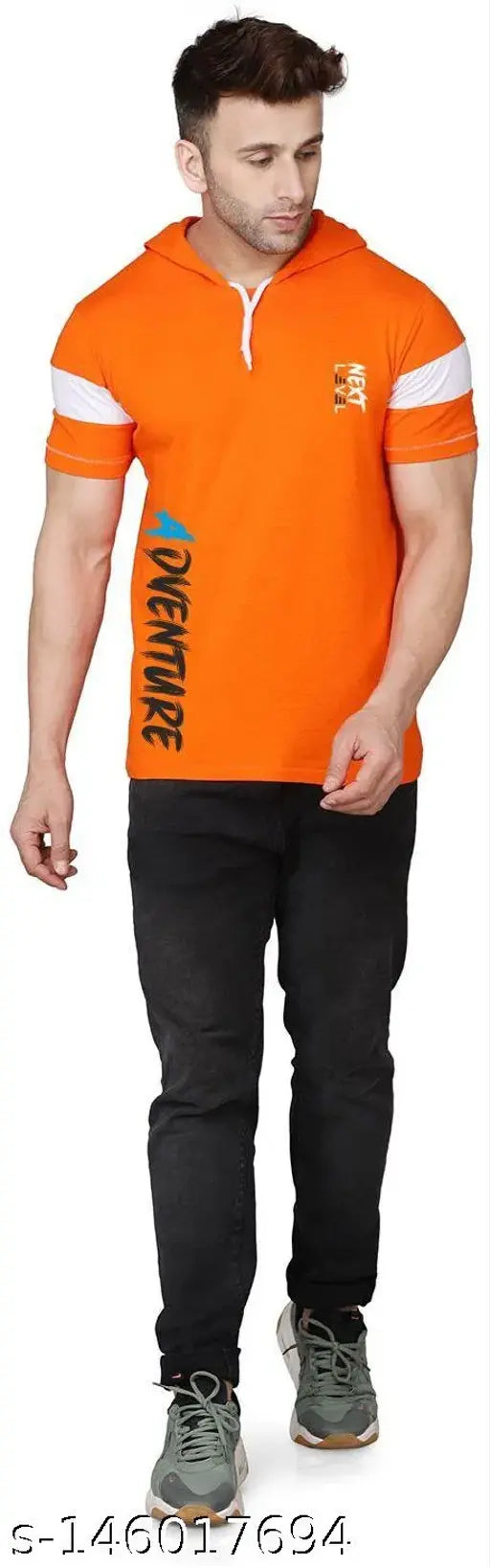 Orange cotton blend half sleeve hooded neck t-shirt, printed with cryptic design, men's style