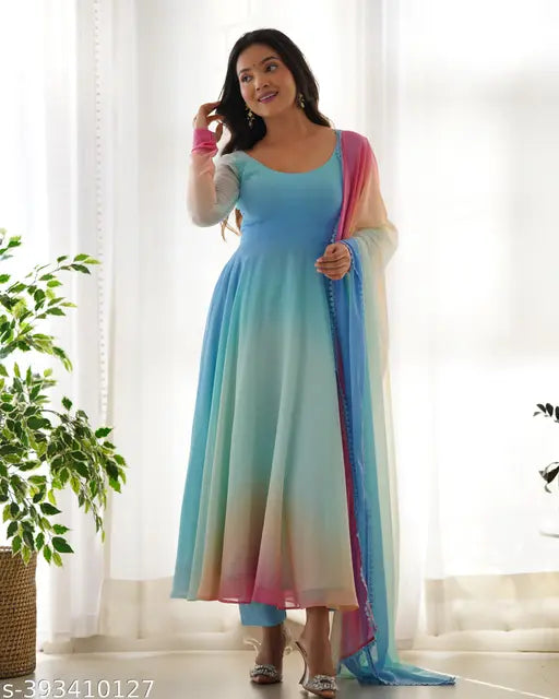Pure soft fox georgette most trendy padding fabric fully flair anarkali with dupatta set, solid color, heavy anarkali, 6.5mtr approx flair, microscrape cotton lining, 100% cotton pent, ready to wear, size XS-XXL