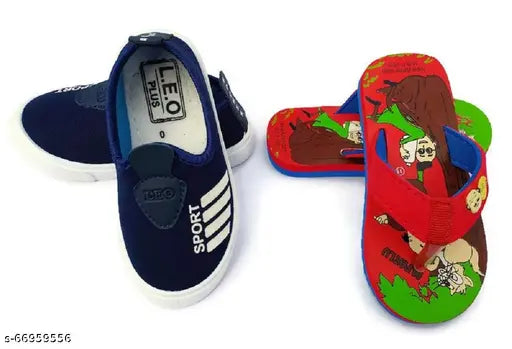 A pair of blue slipper shoes with a red shoe included