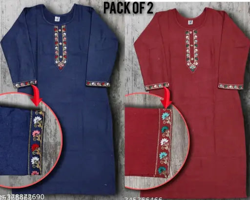 Two women's kurtis, dark blue, with embroidered borders and patterns
