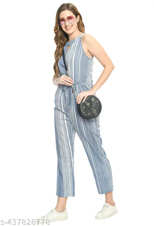 Sky Blue & White Striped Women's Crepe Jumpsuit by AREEBA FASHION - Sleeveless, keyhole neck, knotted detail, striped pattern. Made in India. (Size S: Bust 34", Length 55", Waist 30"; Size M: Bust 36", Length 56", Waist 32"; Size L: Bust 38", Length 57", Waist 34"; Size XL: Bust 40", Length 58", Waist 36")