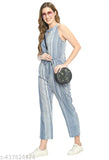 Sky Blue & White Striped Women's Crepe Jumpsuit by AREEBA FASHION - Sleeveless, keyhole neck, knotted detail, striped pattern. Made in India. (Size S: Bust 34", Length 55", Waist 30"; Size M: Bust 36", Length 56", Waist 32"; Size L: Bust 38", Length 57", Waist 34"; Size XL: Bust 40", Length 58", Waist 36")