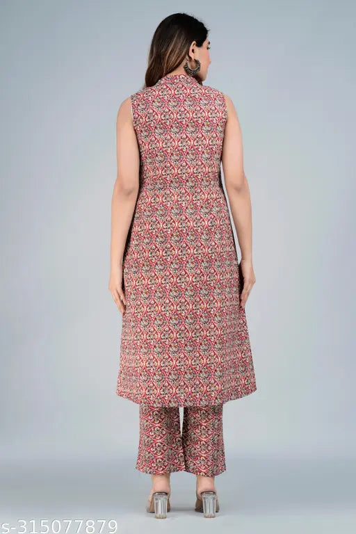 Cotton Cambric printed A-line kurta with palazzos, sleeveless, front slit, India origin