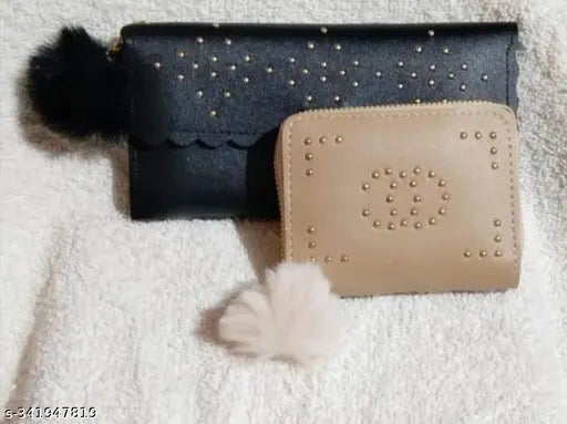 Long black leather clutch wallet, studded detailing, zip closure, small matching wallet inside