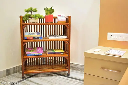 Multifunctional wooden cane shoe rack, 4-tiered for sandals and slippers, decorative planter stand with 6 bookshelves
