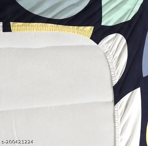 White 250TC cotton double bed sheet with multicolor patterns, breathable, soft finish.