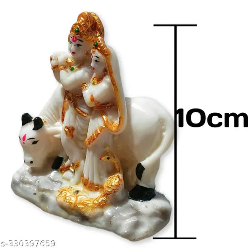 Handcrafted polyresin Radha Krishna Murti with Cow Idol, 10cm high showpiece for home decor, ideal for living room or pooja room