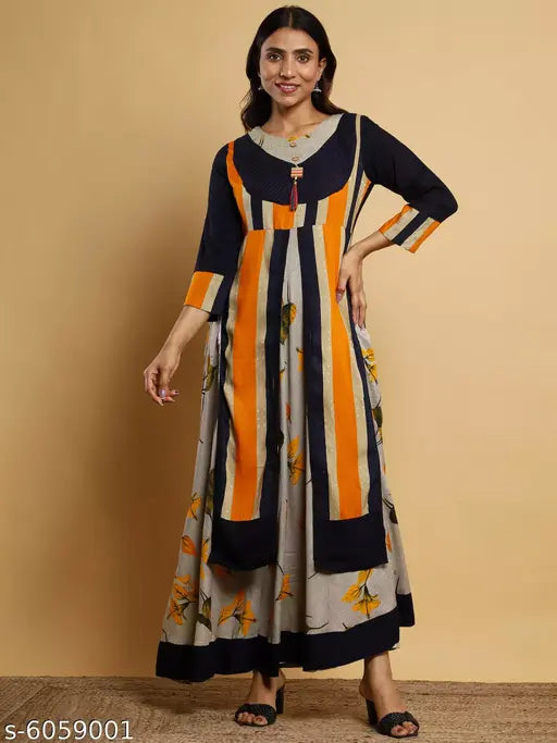 Women's round-neck, rayon anarkali kameez with full sleeves and a plain print
