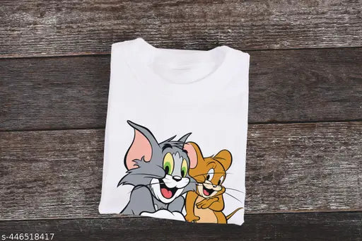 Tom-and-Jerry cartoon printed polyester T-shirt, white color for men and women, round neck design