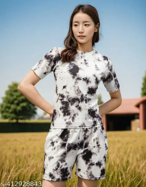 Tie-dye jogger with baggy shorty, low-price printed top set on woman. Polyester, premium knitted Jeggings with stretch and soft elastic waistband, ideal for party wear & daily wear