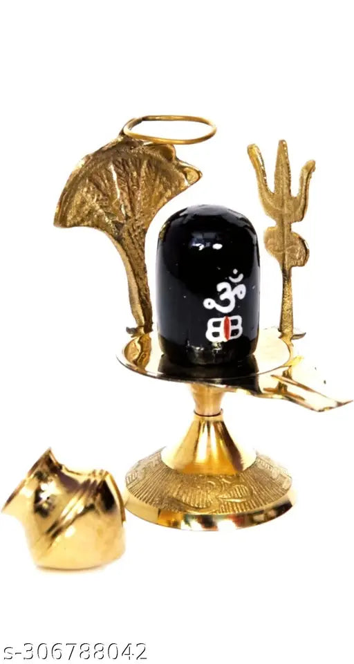 Brass statue of Shiva in meditation pose, with black stone lota and kalash. Natural stone Shivling with brass accessories for home temple. Worship accessory for puja pooja jalabhishekam
