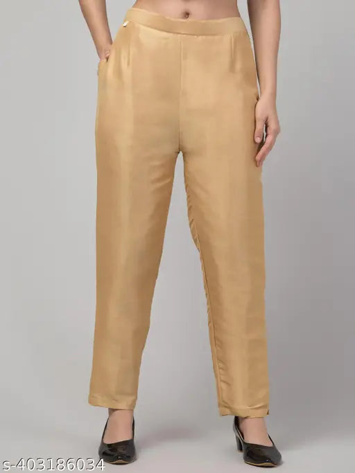 Solid silk women's formal pants, India-made luxury wear in S, M, L, XL, XXXL