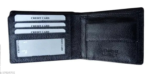 Black genuine leather RFID-blocking men's wallet with 2 compartments, suitable for old and new Indian currency. Wallet features 7 card slots, one chain pocket, two ID slots, and two hidden card slots