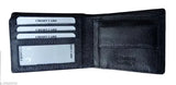 Black genuine leather RFID-blocking men's wallet with 2 compartments, suitable for old and new Indian currency. Wallet features 7 card slots, one chain pocket, two ID slots, and two hidden card slots