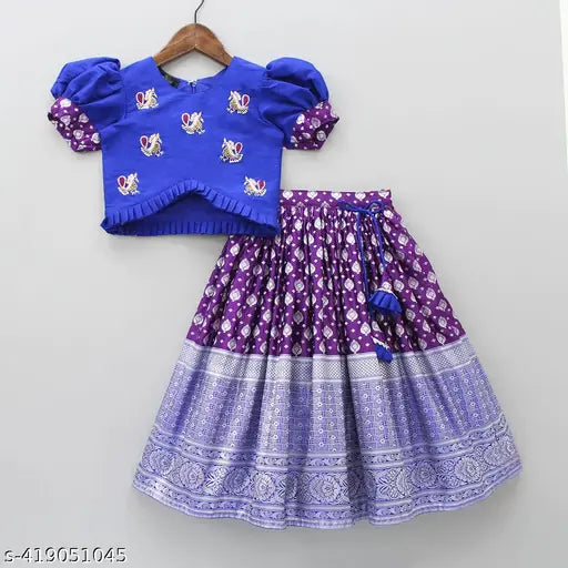 Soft silk and jacquard kids' South Indian ruffle lehnga choli with puff sleeves, botanical print design