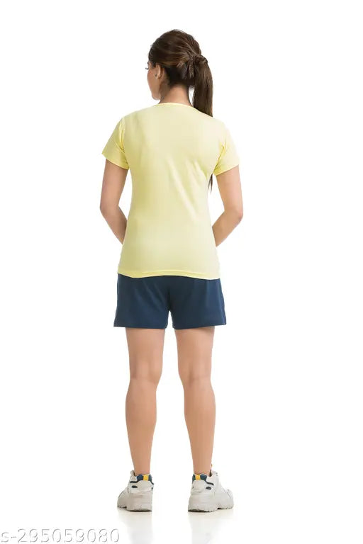 Cotton blended womens/girls top & shorts set, solid color with slim fit and mid-rise. Soft, stretchable, breathable fabric for everyday wear or activities like cycling, gym, yoga, running, badminton, golf, fitness, games, work-out, daily wear, and special occasions. Made in India. Perfect for night dress, sleepwear, loungewear, home wear. Regular fit, model wearing size L (5'4")